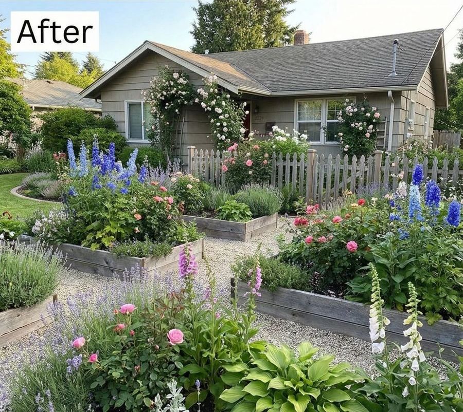 Example after: planted raised beds and gravel paths