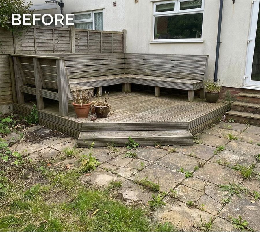 Example before: a weedy patio and weathered deck